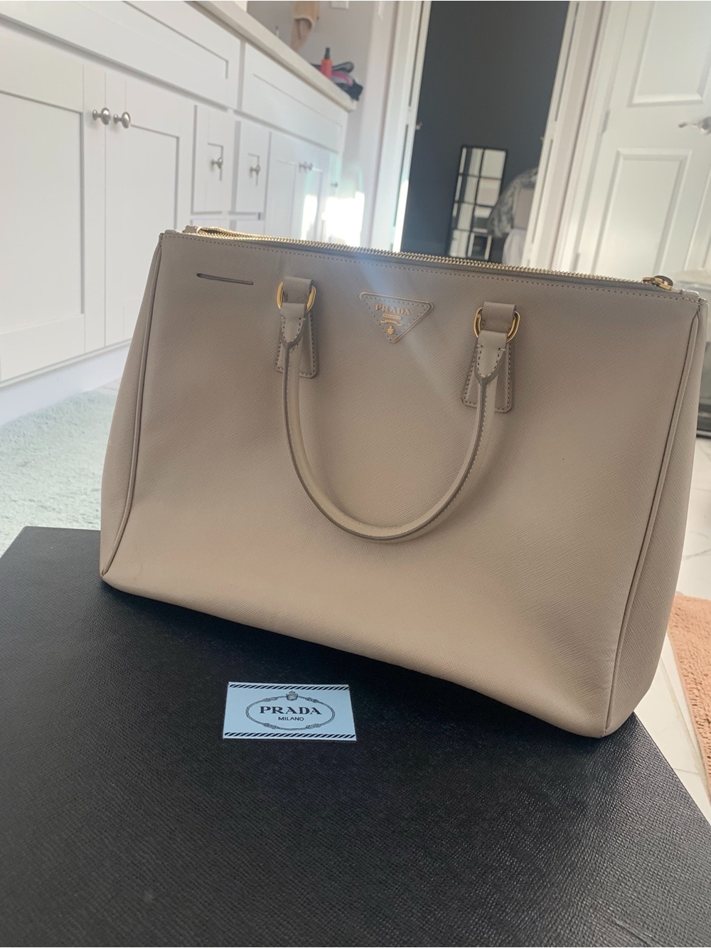 Prada Taupe Saffiano Leather Satchel with Gold Hardware